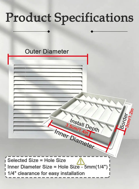 Pro Grade Linear Bar Air Grille Featuring A Removable Inspection Hatch and Slanted Louver Blades for Knockout Airflow and Zero Sweat Installation size specifications on a white background.