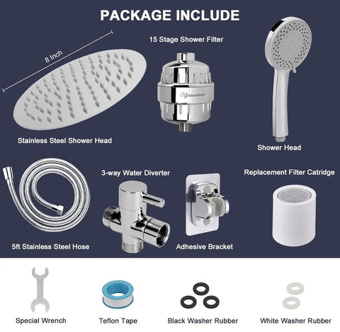 Package components of High Pressure 8 Inch Round Rain Shower Head With 5 Settings Handheld Shower Filter Combo Chrome Finish Self Adhesive Holder One And A Half Meter Hose Includes Replaceable Filter Cartridge For Clean Water And Legit Spa Like Showers, including shower head, filter, hose, and accessories.