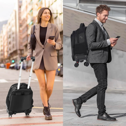 Amazon rolling backpack luggage in black with extendable handle and 4 wheels; front and side views.