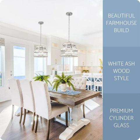 14 Inch Farmhouse Open Drum Pendant Light With Cylinder Glass Shade In White Ash Wood Style And Galvanized Steel Finish over dining table.