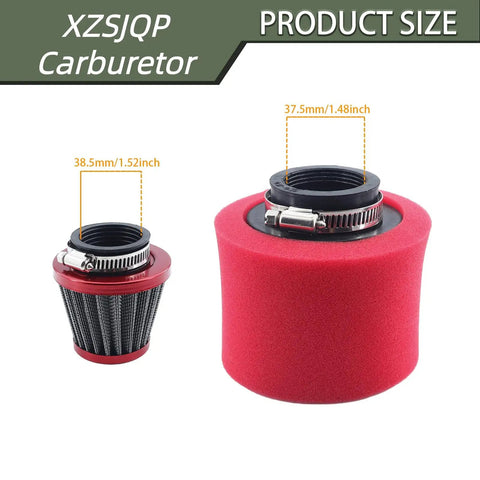 Two red air filters showing size dimensions for Bolt-On Carburetor Upgrade Kit For Predator 212cc And Honda Clone Engines