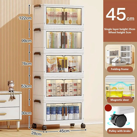 Slick Collapsible Storage Bins With Lids 5 Pack Plastic Boxes Double Door Stackable Closet Organizers With Rolling Wheels, ideal for organizing items