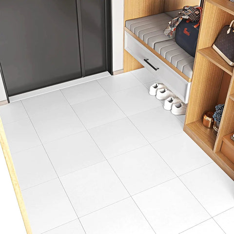 Entryway with installed 30 Pack Peel And Stick Vinyl Floor Tiles White 12X12 In Self Adhesive Waterproof Laminate Tiles