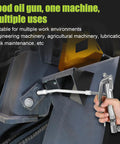Heavy Duty Grease Gun Control Handle Valve For High Pressure 7500 Psi With 1/4 Inch Thread, 18 Inch Flexible Interface, A4-Jaw Coupling, 360 Degree Rotation And Spring, Built For Fast, Smooth, And Reliable Lubrication. hand using metal grease gun on machinery