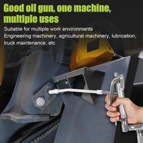 Heavy Duty Grease Gun Control Handle Valve For High Pressure 7500 Psi With 1/4 Inch Thread, 18 Inch Flexible Interface, A4-Jaw Coupling, 360 Degree Rotation And Spring, Built For Fast, Smooth, And Reliable Lubrication. hand using metal grease gun on machinery