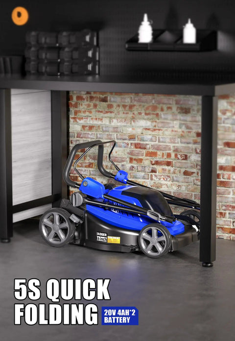 40V 16 Inch Brushless Electric Cordless Lawn Mower For Small Yards With Easy Start, Quiet Operation, And Wide Cutting Path For Quick, Hassle Free Lawn Care That Makes Mowing A Breeze, folded in storage