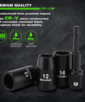 Heavy Duty Workhorse Half Inch Drive Shallow 12-Point Metric Impact Socket Set, 15-Piece, Cr-V Chrome Vanadium, 11mm to 32mm, Drill Socket Adapter Included, Drop-Forged Construction For Tough Jobs with corrosion-resistant finish, sockets in front of black background.