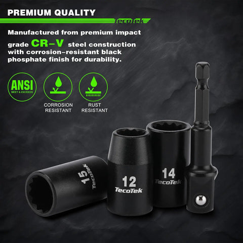 Heavy Duty Workhorse Half Inch Drive Shallow 12-Point Metric Impact Socket Set, 15-Piece, Cr-V Chrome Vanadium, 11mm to 32mm, Drill Socket Adapter Included, Drop-Forged Construction For Tough Jobs with corrosion-resistant finish, sockets in front of black background.