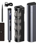 Tiny Cordless Electric Screwdriver Kit with 120 In 1 Bits LED Light USB Charging shown with accessories and storage case