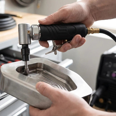 Man holding Rock Solid Professional 90 Degree Air Powered Angle Die Grinder And Pneumatic Polisher cranking 12000 RPM over a metal part.