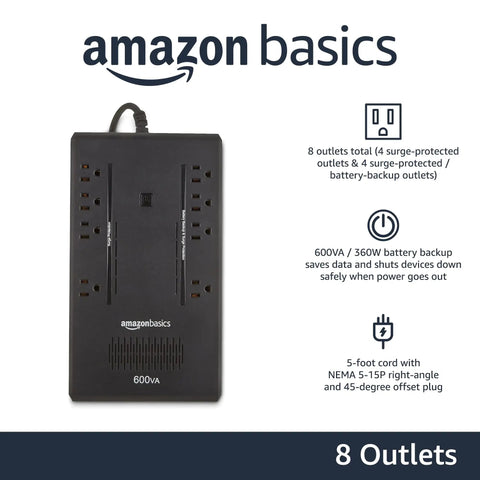 UPS Battery Backup And Surge Protector With 600VA 360W Capacity Eight Outlets Standby Uninterruptible Power Supply For Home Network TV Gaming Console And Entertainment Devices Compact Black