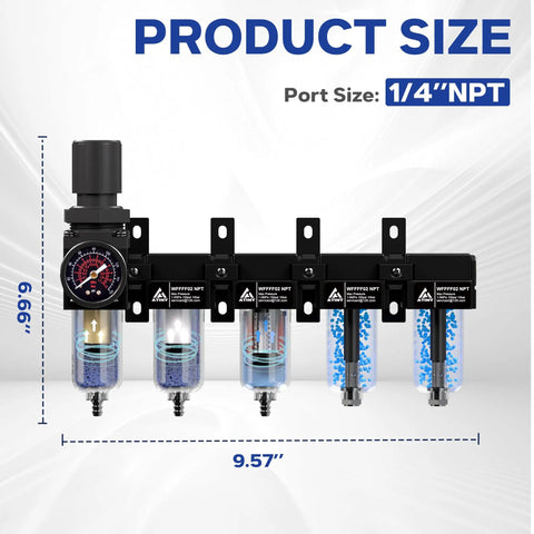 Five Stage 1/4 Inch NPT Air Dryer Kit With Double Desiccant And 0.01 Micron Filter, Regulator, Metal Bowl, Semi Auto Drain