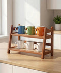 Two Tier Bamboo Coffee Station Organizer For Mugs And Cups, Space Saving Countertop Rack For Kitchen And Coffee Bar, wooden finish
