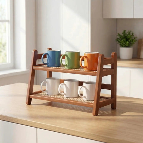 Two Tier Bamboo Coffee Station Organizer For Mugs And Cups, Space Saving Countertop Rack For Kitchen And Coffee Bar, wooden finish
