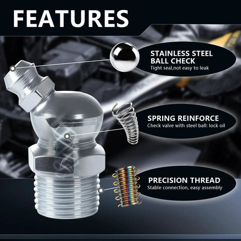 Features of the Grease Fitting Assortment Kit SAE And Metric Zerk Fittings With Quarter Inch And Eighth Inch Sizes M6 M8 M10 Straight And 45 Degree And 90 Degree Nipples Zinc Galvanized Steel For Quick Lubrication Pack Of 45 Pieces.