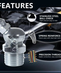 Close-up of grease fitting with features highlighted: stainless steel ball, spring reinforcement, and precision thread
