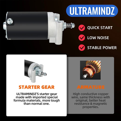 Lawn mower starter motor featuring nine teeth gear fits Courage Twin SV Series, ULTRAMINDZ brand highlights benefits.