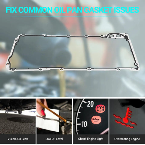 Heavy Duty Oil Pan Gasket For Chevy Gmc Cadillac Ls Vortec Engines 4.8L 5.3L 6.0L 6.2L showing visible oil leaks and low oil level signs.