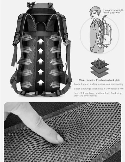 65L Outdoor Hiking Backpack with Waterproof Nylon Build showing ergonomic back support design and breathable mesh fabric.