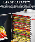12-Tier Stainless Steel Food Dehydrator Machine with Digital Timer and Thermostat showing mesh trays filled with colorful vegetables.