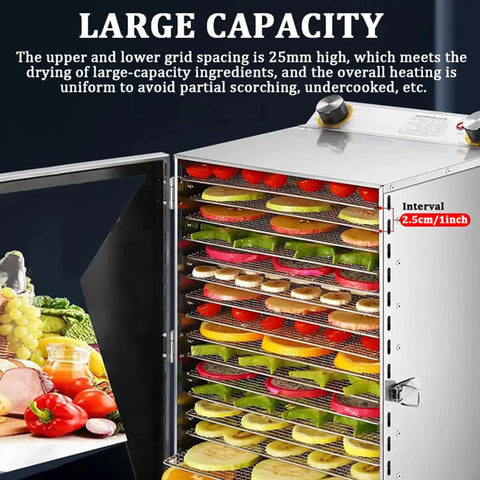 12-Tier Stainless Steel Food Dehydrator Machine with Digital Timer and Thermostat showing mesh trays filled with colorful vegetables.