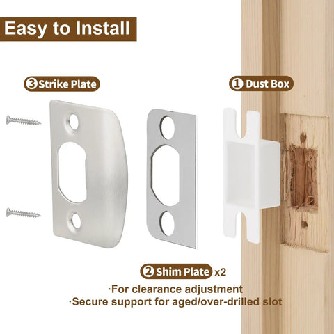 Door Latch Restorer Kit With Standard Strike Plate And Spacer Shim, Easy Install for Fixing Doors, Satin Nickel parts shown