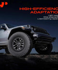 Low angle view of off-road vehicle with rugged tires under a starry night sky, highlighting high-efficiency adaptation and load capacity.