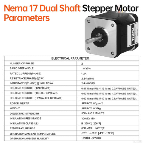 NEMA 17 dual-shaft stepper motor, two-phase, 47mm body, dual phi5mm shafts, 1m 8-lead cable