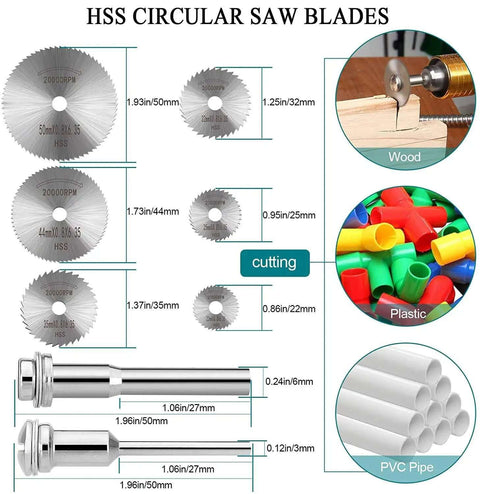 HSS circular saw blades for 32 Piece Rotary Tool Accessories Kit, Dremel Compatible, showing cutting applications on wood, plastic, PVC