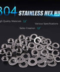 Massive 45-Piece SAE 304 Stainless Steel 3/8-16 Hex Nuts Set With 3/8 Flat Washers And 3/8 Split Lock Washers