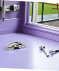 Heavy Duty Stainless Steel Curved Concealed Cabinet Hinges Pair With 90 Degree Limit Stopper and bolts on purple surface.