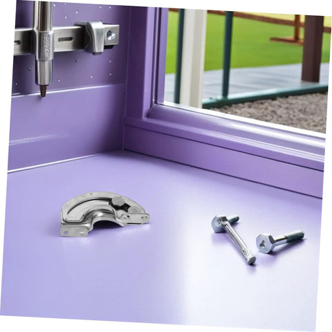 Heavy Duty Stainless Steel Curved Concealed Cabinet Hinges Pair With 90 Degree Limit Stopper and bolts on purple surface.