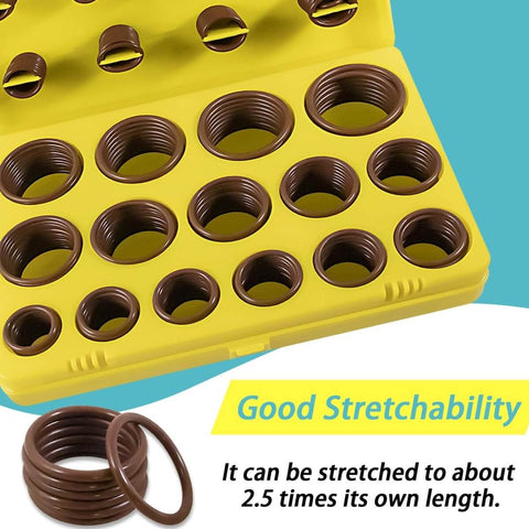 Viton O Ring Assortment Kit, 386 Pieces, 30 Metric Sizes, 75A Durometer showing brown O-rings in yellow case