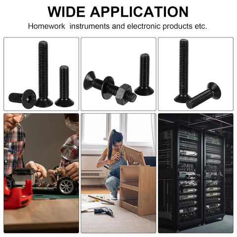 900 Piece Flat Head Hex Socket Cap Screws Kit With Nuts Washers And Hex Wrench M2 M2.5 M3 Fully Threaded Allen Machine Screws 10.9 Grade Alloy Steel Black Oxide Finish Built Tough shown in use in various applications.