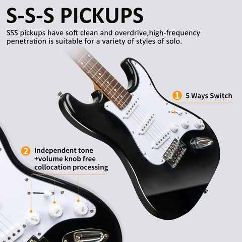 Close-up of electric guitar showing S-S-S pickups with 5-way switch and tone controls, part of Electric Guitar Starter Kit With Amp And Full Accessories For Beginners To Pros Plug And Play 39 Inch Solid Body Six Strings Tremolo Bar Strap Gig Bag Digital Tuner Pickups Tone Controls All In One Black
