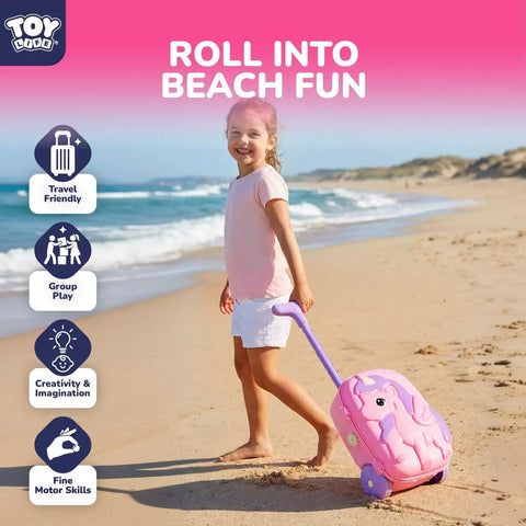 Child with Unicorn Themed Rolling Sand Toy Suitcase For Kids Beach Fun With Water Play Table And Wheels on the beach.