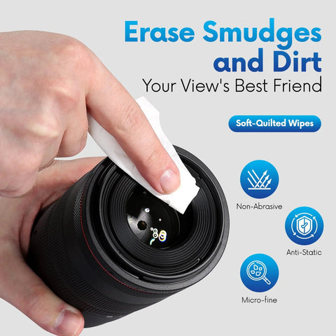 Hand using pre-moistened lens wipe to clean camera lens, highlighting "Pre Moistened Lens Wipes For Eyeglasses And Camera Lenses Streak Free 600 Pack" features.