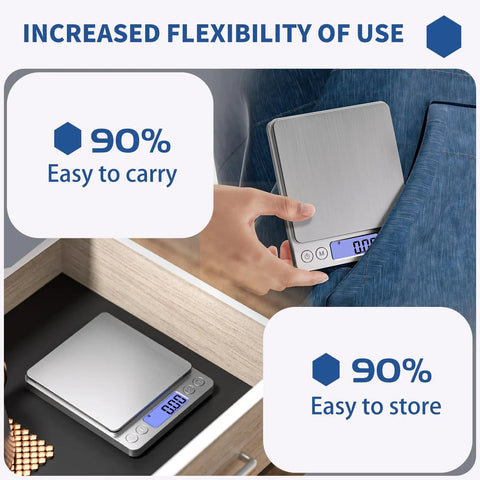 Ultra Precise Mini Digital Kitchen Scale with backlit LCD, showing easy storage in drawer and portability, 0.01 g / 0.001 oz precision