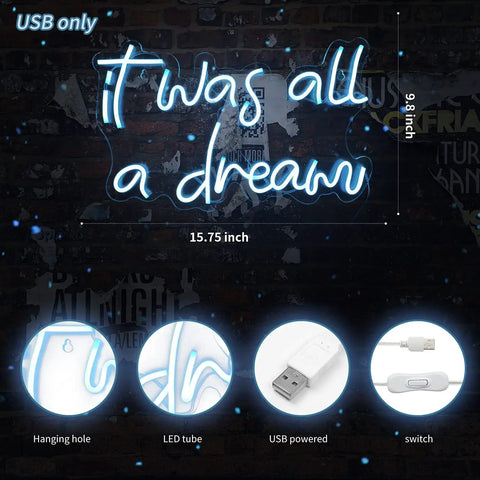 Blue USB Neon Sign for Wall Decor It Was All a Dream LED Neon Light 15.75 x 9.8 inches USB powered on brick wall backdrop