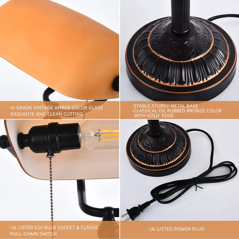 Close-up details of Bankers Desk Lamp With USB Port, Dope Rustic Oil Rubbed Bronze Finish, Pull Chain Desk Light With Amber Glass Shade