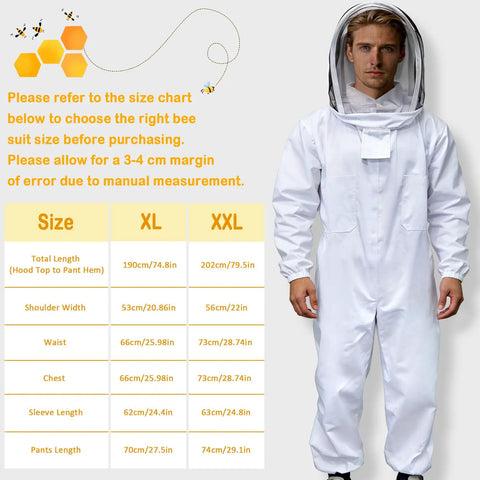 Size chart and XXL bee suit from 13 Piece Bee Hives Starter Kit With XXL Bee Suit And Veil Smoker Tools Feeder Tote Gloves And Beginner Friendly Gear For Backyard Beekeeping And Hobbyists.