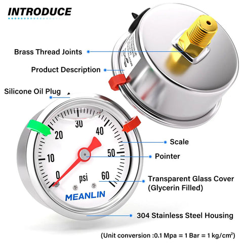 Stainless Steel Glycerin Filled Pressure Gauge Zero To Sixty Psi One Eighth Inch NPT One And A Half Inch Dial Back Mount