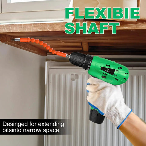 Cordless 20V Power Drill With 3 Batteries And Charger used in tight space, showing flexible shaft for detailed work