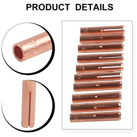 10pcs Brass TIG Welding Collet Electrode Holder For WP9 20 25 Torch With 3-32 And 1-8 In Gas Lens showing individual collet details and sizes.