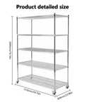Rock Solid Heavy Duty Adjustable Five Tier Wire Shelving Rack With Smooth Rollin Casters And Hella Durable 331 Lb Weight Load Capacity For Garage Workspaces And Storage Areas, showing detailed size dimensions.