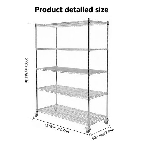 Heavy Duty Five Tier Rolling Wire Shelving Rack Built Tough For Garage Use With Smooth Gliding Casters And Fully Adjustable Heights, detailed size illustration.