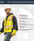 Rock Solid Heavy Duty Reflective Safety Vest Designed For Road Crews And Night Shift Workers Featuring Kickass Ansi Class Two Visibility Cool Airflow Mesh Fabric Six Utility Storage Pockets And Bold Orange Contrast Edging In Extra Large, shown worn by man with multi pockets.
