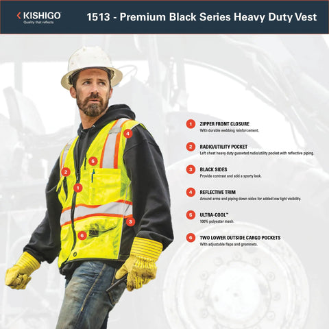Rock Solid Heavy Duty Reflective Safety Vest Designed For Road Crews And Night Shift Workers Featuring Kickass Ansi Class Two Visibility Cool Airflow Mesh Fabric Six Utility Storage Pockets And Bold Orange Contrast Edging In Extra Large, shown worn by man with multi pockets.