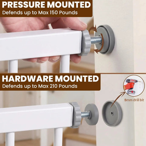 Extra Wide Baby Gate For Stairs And Doorways 29.7 To 46 Inch Adjustable Pressure Mounted Walk Through Pet Gate Auto Close White Metal Safety Gate For Toddlers And Dogs Indoor Use showing pressure and hardware mount options