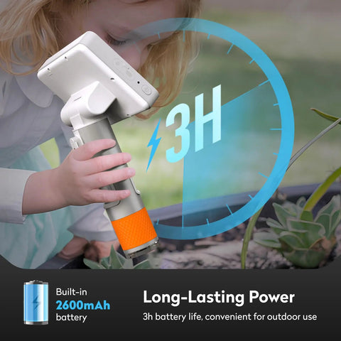 Kid-Friendly Handheld Microscope 100-1600X Portable Digital Magnifier, child using it on plants with 2600mAh battery